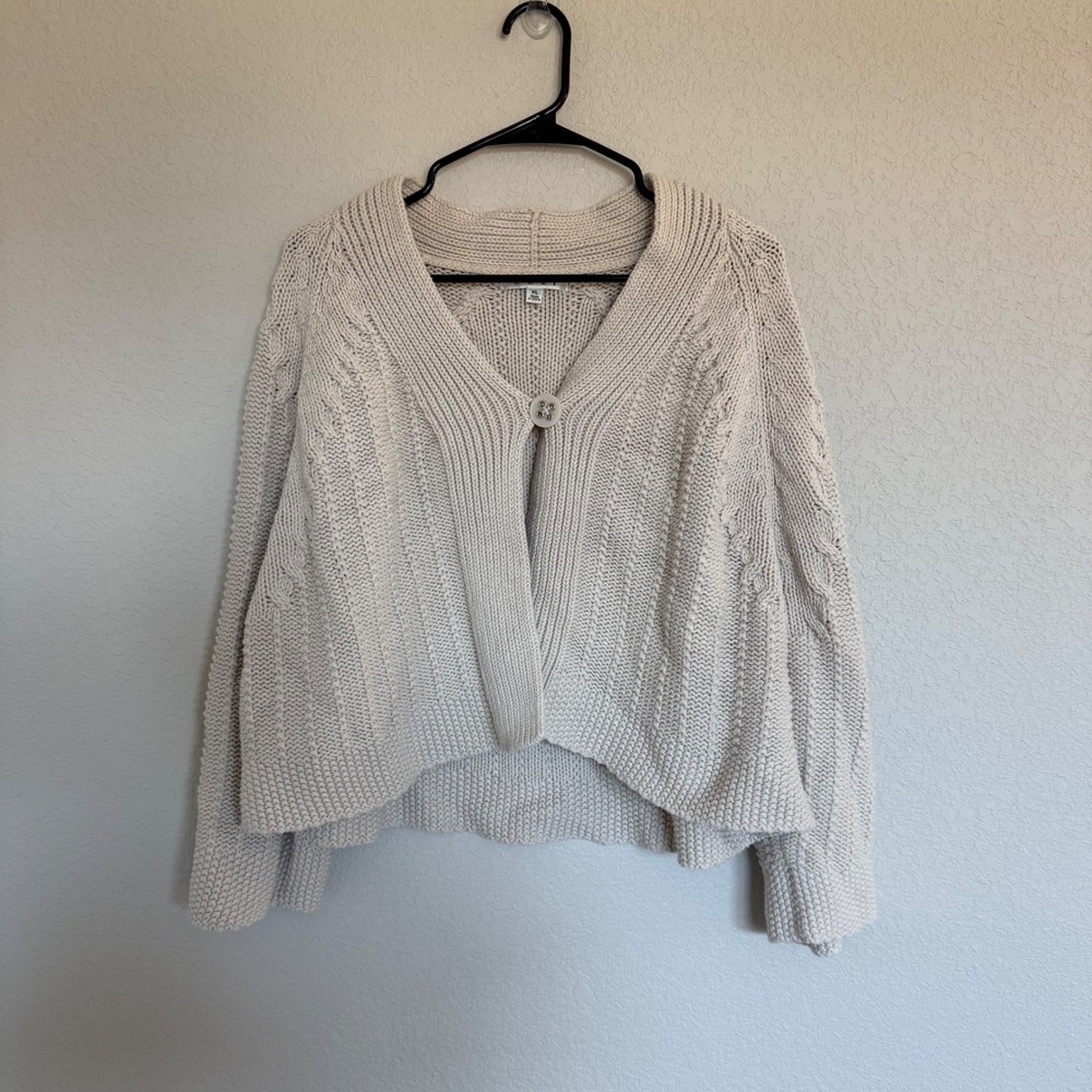 Cabi Oatmeal Beige Cable Knit Cardigan Sweater XL Cream Chunky Knit Cotton